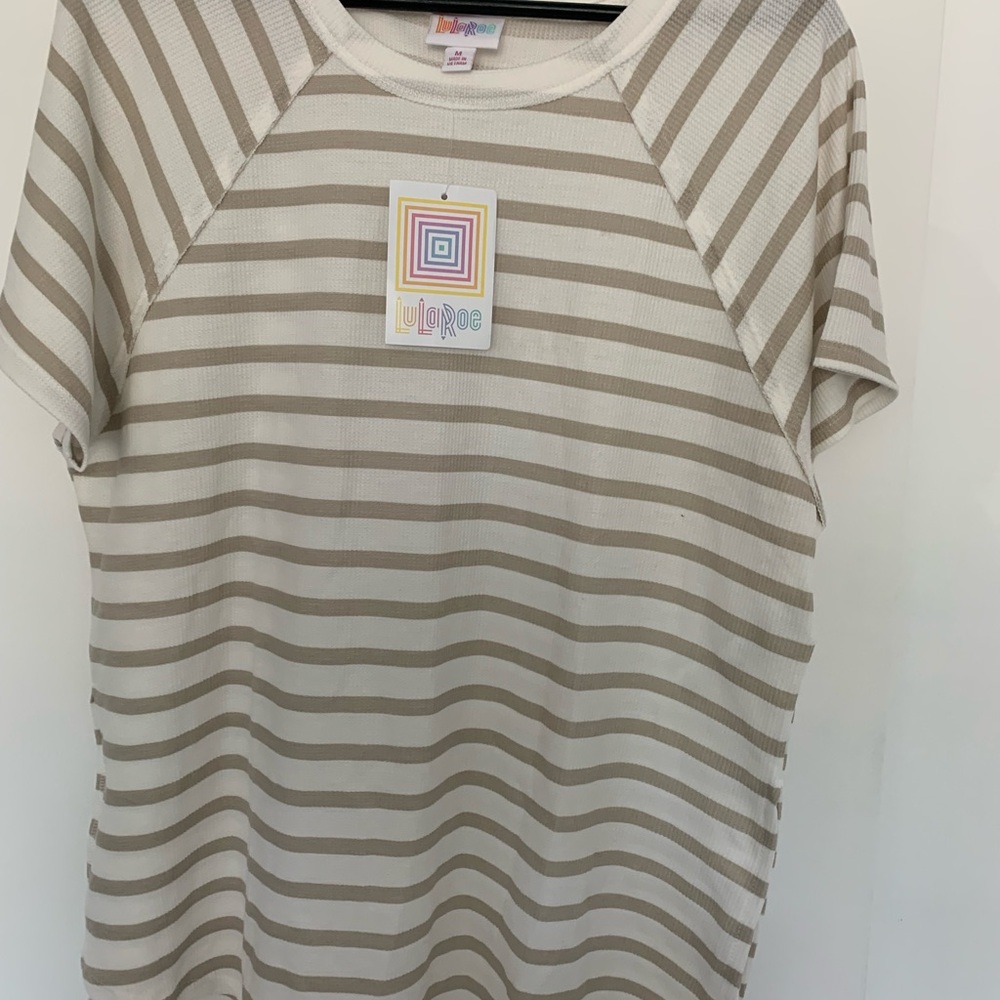 LuLaRoe Women's Short Sleeve Striped Tee - Cream and Tan